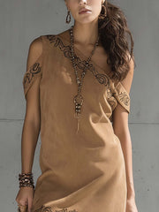 Khaki Faux Suede Mini Dress With Embroidered Details And Fringe Hem