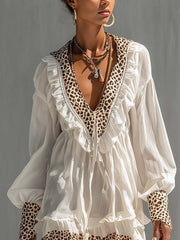 White Leopard Print Chiffon Ruffle Mini Dress