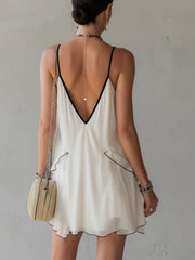 White Contrast Trim Deep V-Neck Spaghetti Strap Mini Dress