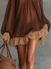 Brown Sheer Lace Trim Cold Shoulder Long Sleeve Mini Dress