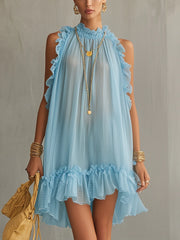 Light Blue Sleeveless Ruffled Pleated Chiffon Mini Dress