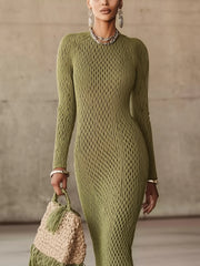 24-Hour-Shipping Olive Green Knit Fringe Hem Bodycon Maxi Dress