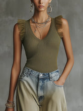Olive Ruffle Shoulder Ribbed Knit V-Neck Tank Top
