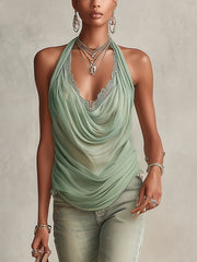 Green Draped Chiffon Lace Trim Halter Top
