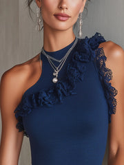Navy One-Shoulder Ruffled Lace Trim Knit Top