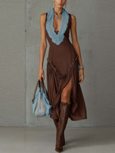 Brown Lace Patchwork Maxi Dress With Deep V Neck And Flowy Hem