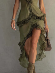 Olive Green Ruffled Trim Sleeveless Chiffon Asymmetrical Midi Dress