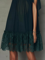 Dark Green Bow Strap Lace Hem Mini Dress