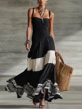 Black And White Pleated Tiered Maxi Dress With Printed Hem