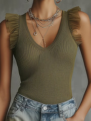 Olive Ruffle Shoulder Ribbed Knit V-Neck Tank Top
