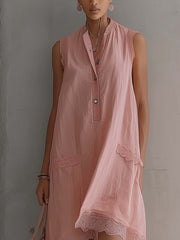 Pink Sleeveless Chiffon Midi Dress With Lace Trim