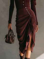Burgundy Asymmetrical Button Detail Bodycon Dress