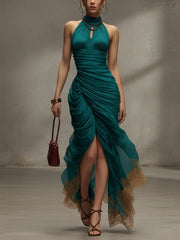Blue Chiffon Ruched Lace Hem Maxi Dress