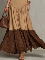 Camel And Mocha Two-Tone Square Neck Lace Hem Maxi Dress