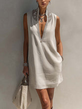 Light Gray Cotton-Linen Mini Dress With Embroidered Organza Collar