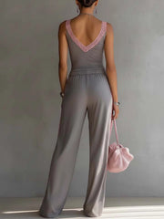 Gray And Pink Lace Trim Tank Top And Wide Leg Pants Set