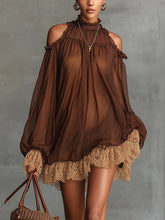 Brown Sheer Lace Trim Cold Shoulder Long Sleeve Mini Dress