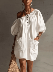 White Off-Shoulder Puff Sleeve Button Mini Dress