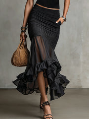 Black Mesh Ruffle Hem Ruched Bodycon Two-Piece Set