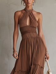 Brown Sleeveless Chiffon Lace Maxi Dress