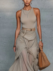Oatmeal Comfortable Sleeveless Chiffon Maxi Dress Accessories Not Included