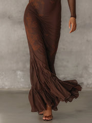 Deep Chocolate Sheer Ruched Bodycon Dress