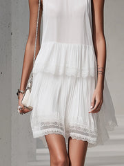 White Sleeveless Lace Pleated Tiered Mini Dress
