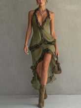 Olive Green Ruffled Trim Sleeveless Chiffon Asymmetrical Midi Dress