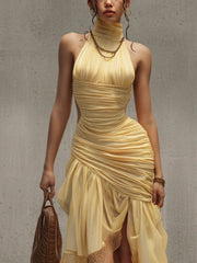 Yellow Sleeveless Ruched Chiffon Lace Maxi Dress