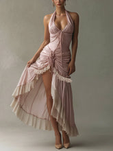 Pink Deep V-Neck Ruched Lace Trim Dress
