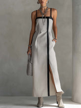 Light Gray Linen Cotton Maxi Dress With Side Slit And Black Trim