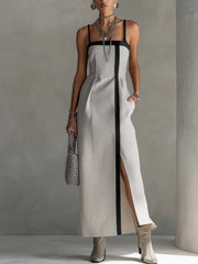 Light Gray Linen Cotton Maxi Dress With Side Slit And Black Trim