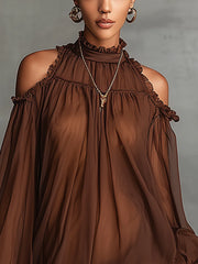 Brown Sheer Lace Trim Cold Shoulder Long Sleeve Mini Dress