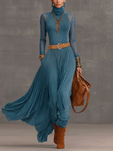 Blue Velvet Mesh Sleeve Maxi Dress With Brown Belt