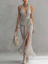 Light Gray Chiffon Pleated Lace Trim Maxi Dress