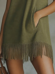 Olive Green Sleeveless Knit Mini Dress With Fringe Hem