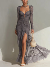 Gray Long Sleeve Chiffon Ruched Lace Maxi Dress