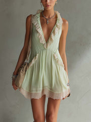 Light Green Chiffon Mini Dress With Pink Lace Ruffle Trim