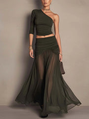 Dark Olive One Shoulder Ruched Top And Sheer Chiffon Maxi Skirt Set