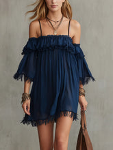Navy Off-Shoulder Ruffle Trim Mini Dress
