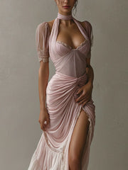 Pink Ruched Short Sleeve Fishtail Bodycon Dress