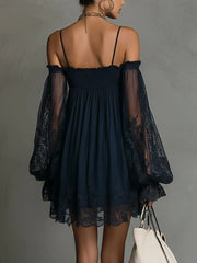 Navy Off-Shoulder Lace Trim Chiffon Mini Dress With Sheer Sleeves