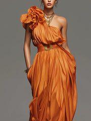 Orange Chiffon One Shoulder Slit Maxi Dress