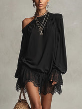Black One-Shoulder Lace Trim Mini Dress