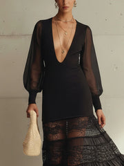 Black V-Neck Knit Chiffon Lace Maxi Dress