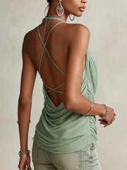 Green Draped Chiffon Lace Trim Halter Top