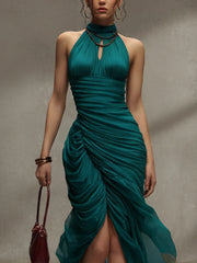 Blue Chiffon Ruched Lace Hem Maxi Dress