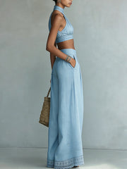 Blue Halter Crop Top And Wide-Leg Pants Set With Lace Hem