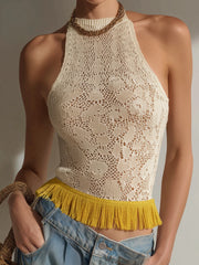 Cream Cotton Knit Fringe Hem Sleeveless Top