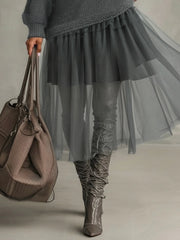 24-Hour-Shipping Gray Mohair And Tulle Panel Maxi Dress